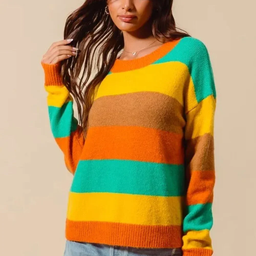 SO ME Multi‎ Color Stripe Sweater with Ribbed Detail